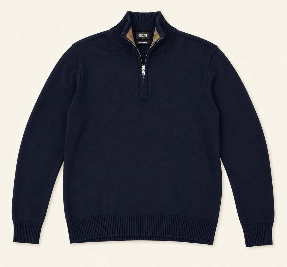 HUGO BOSS Navy Wool Blend Quarter Zip Sweater Suede Elbow Patch Old Money